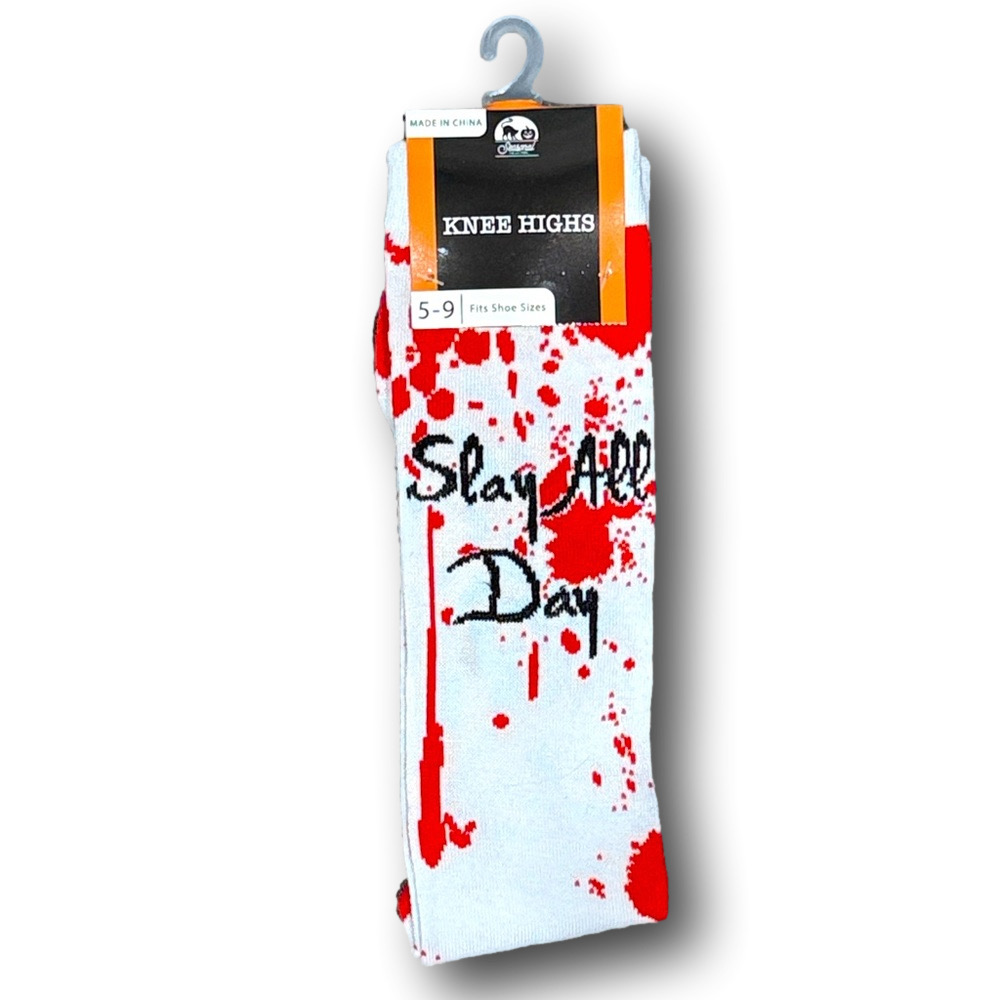3/$20 Bloody "Slay All Day" Halloween Funny Novelty KneeHigh Socks - NWT